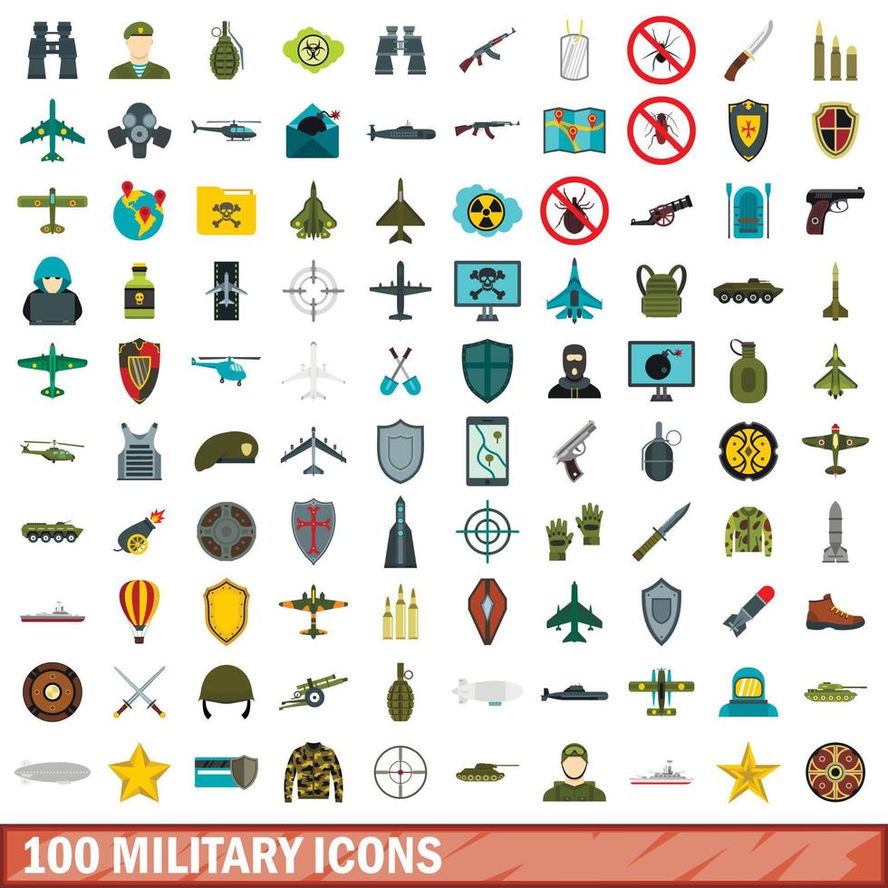 100 militära ikoner set, platt stil vektor