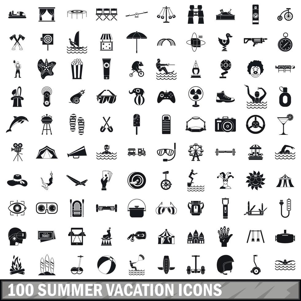 100 sommarsemester ikoner set, enkel stil vektor
