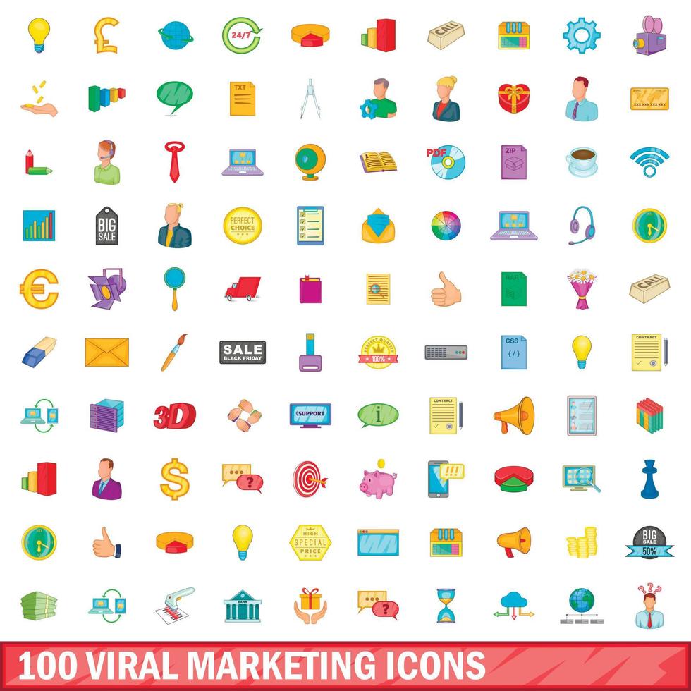 100 virale Marketing-Symbole im Cartoon-Stil vektor