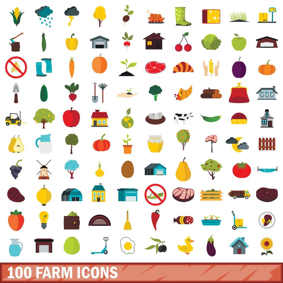 100 Farm-Icons gesetzt, flacher Stil vektor