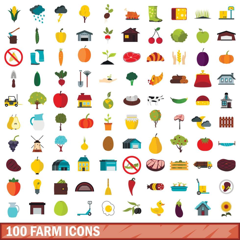 100 gård ikoner set, platt stil vektor