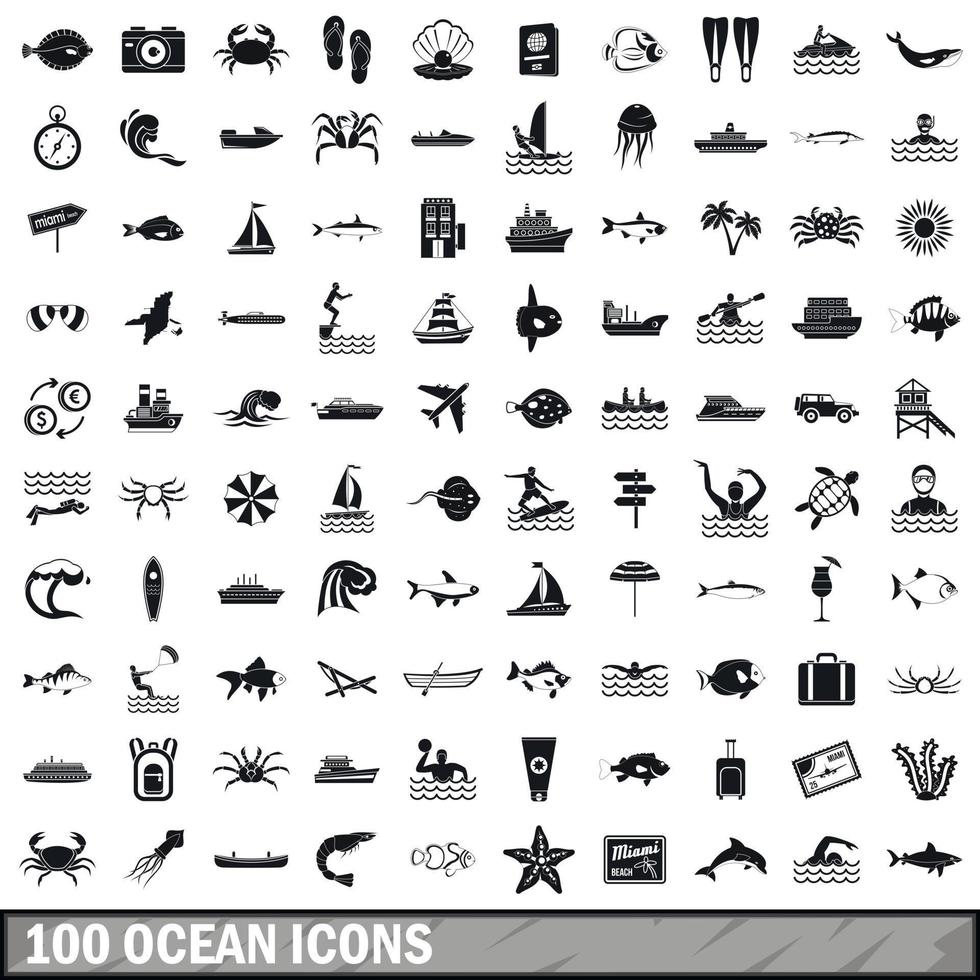 100 Ozean-Icons gesetzt, einfacher Stil vektor