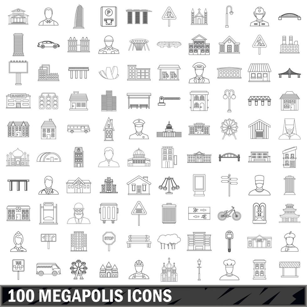 100 Megapolis-Icons gesetzt, Umrissstil vektor