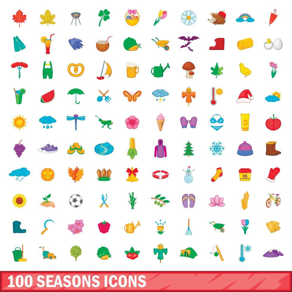 100 säsong ikoner set, tecknad stil vektor