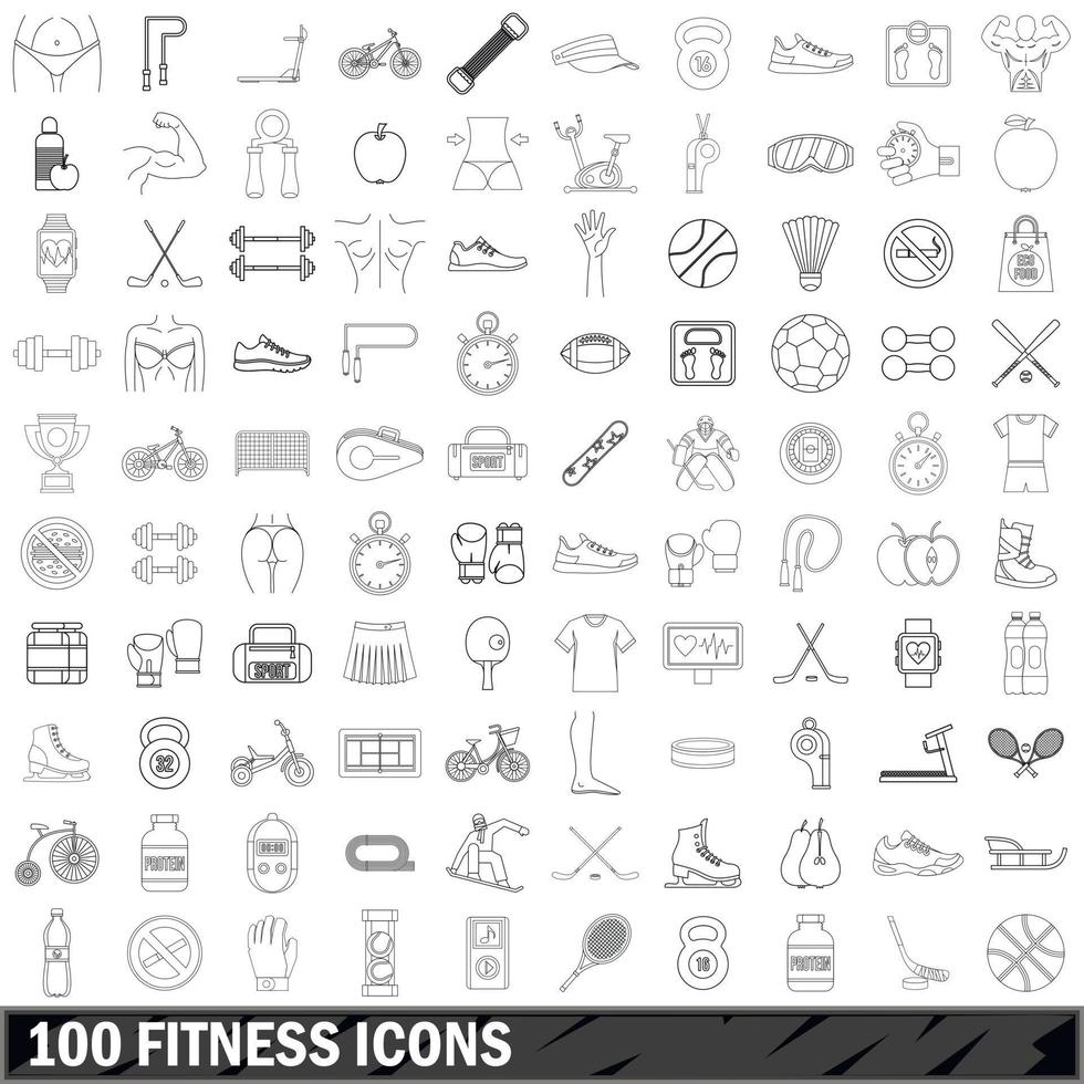 100 Fitness-Icons gesetzt, Umrissstil vektor