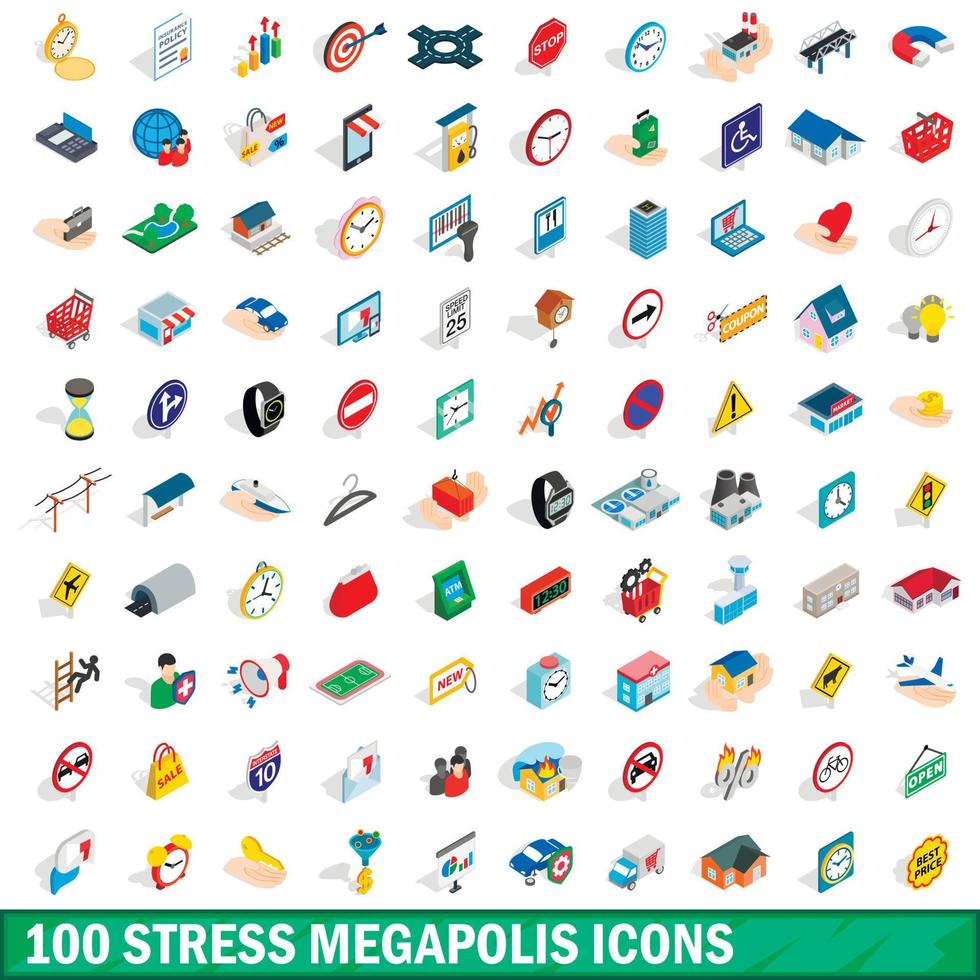 100 Stress-Megapolis-Icons gesetzt, isometrischer 3D-Stil vektor