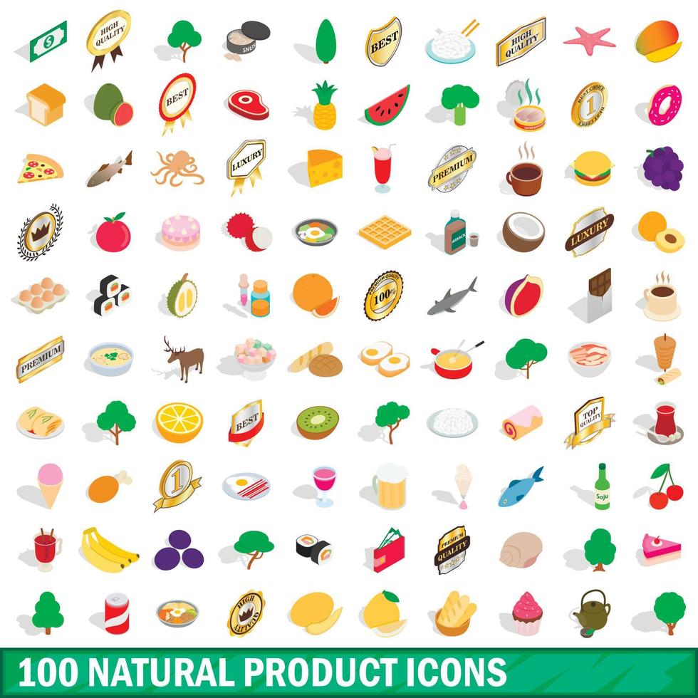 100 Symbole für Naturprodukte, isometrischer 3D-Stil vektor