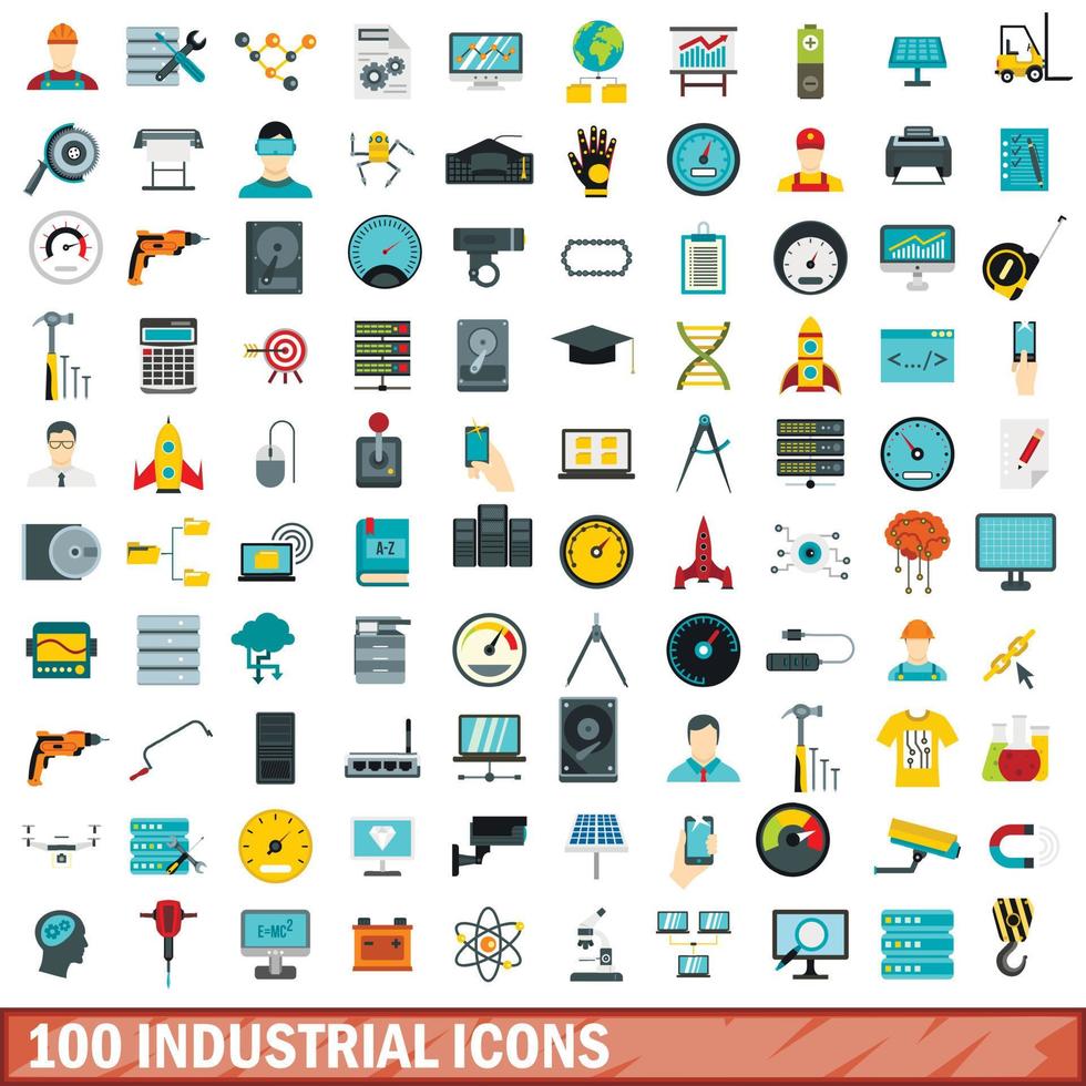 100 industrielle Symbole gesetzt, flacher Stil vektor