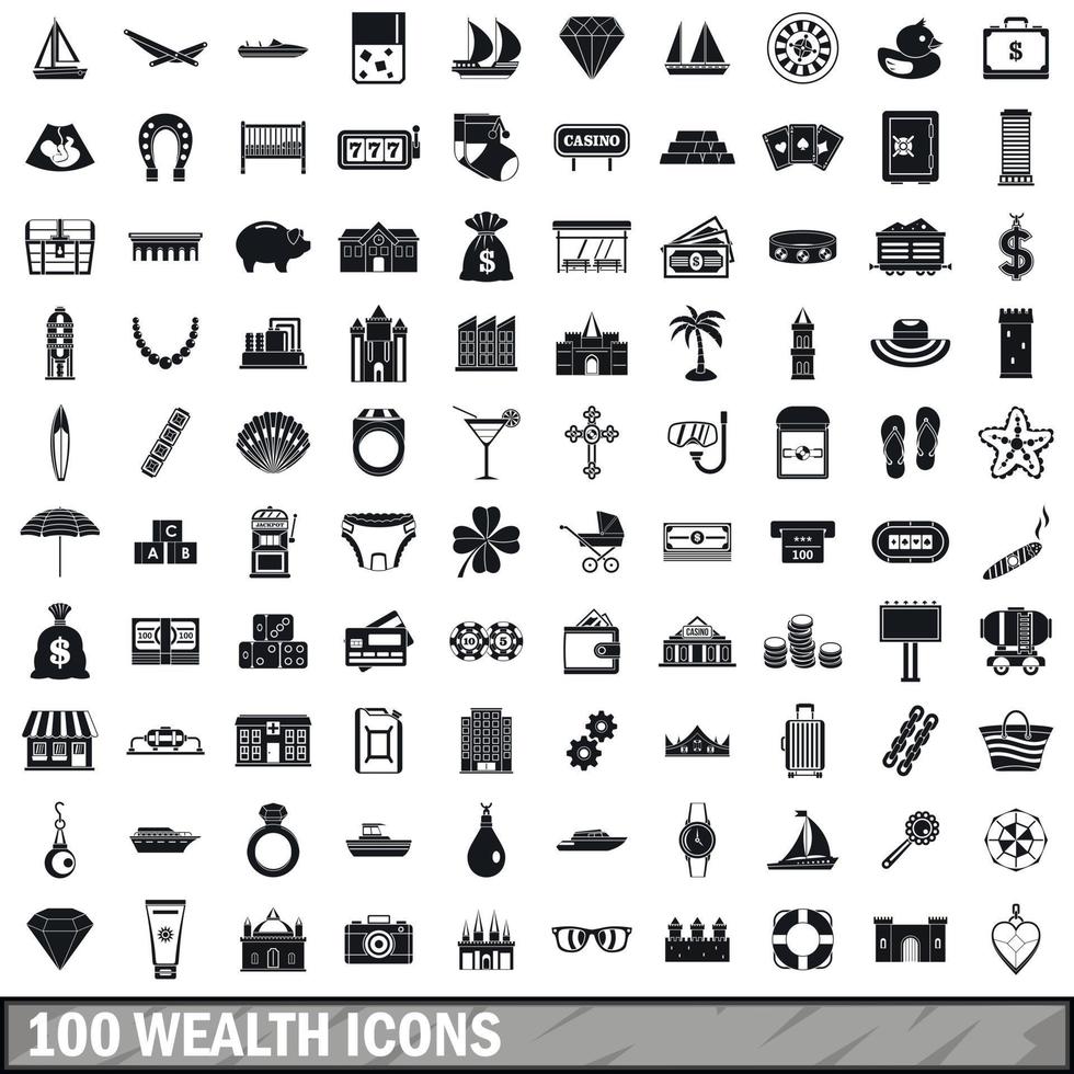 100 Reichtumssymbole gesetzt, einfacher Stil vektor