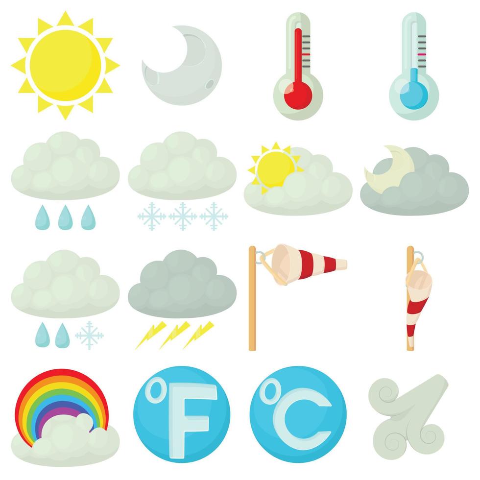 vädersymboler ikoner set, tecknad stil vektor