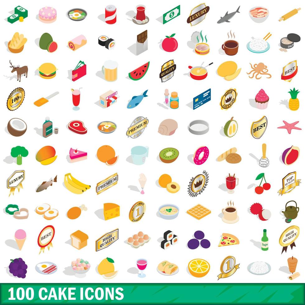 100 tårta ikoner set, isometrisk 3d-stil vektor