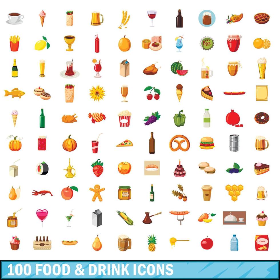 100 mat och dryck ikoner set, tecknad stil vektor