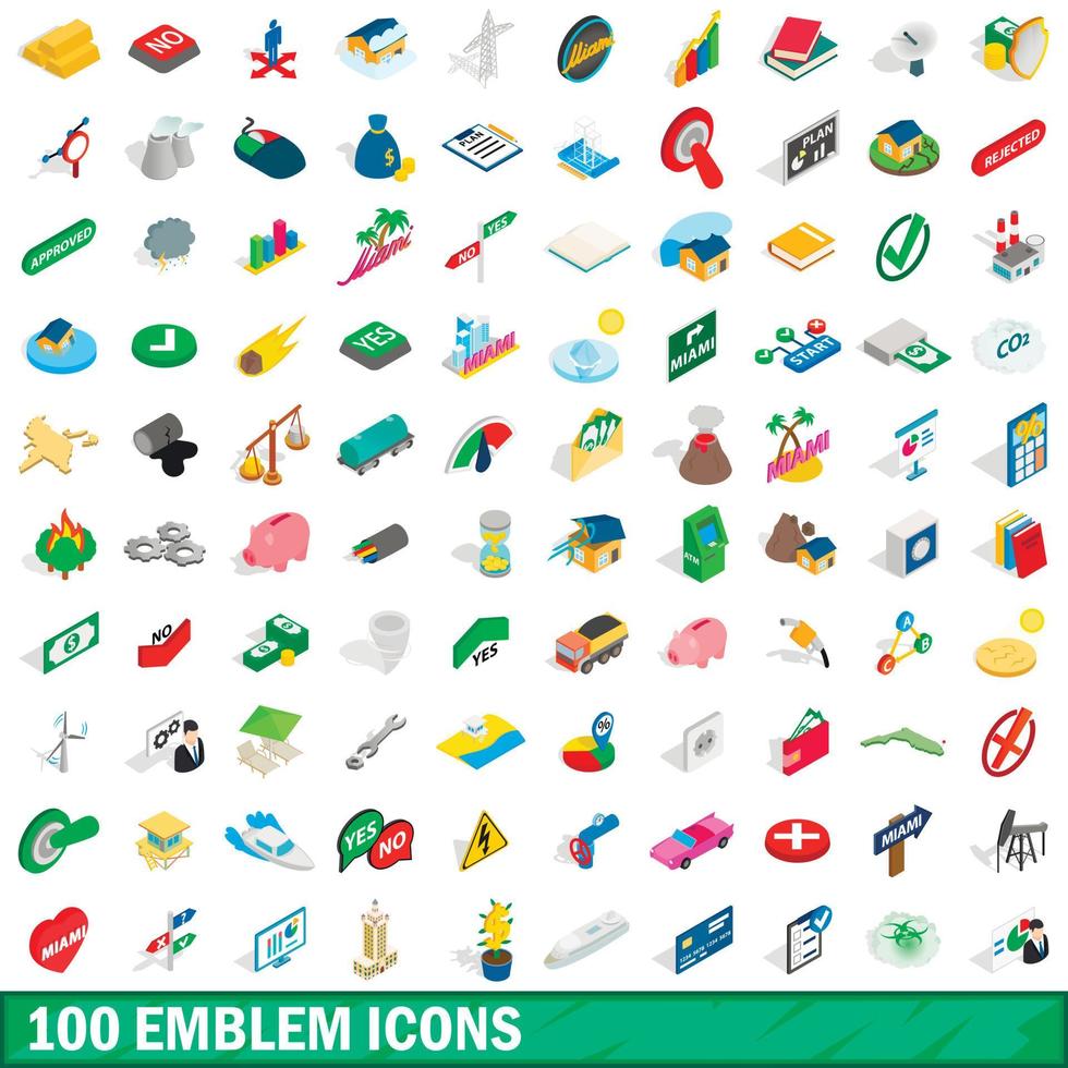 100 Emblem-Icons gesetzt, isometrischer 3D-Stil vektor