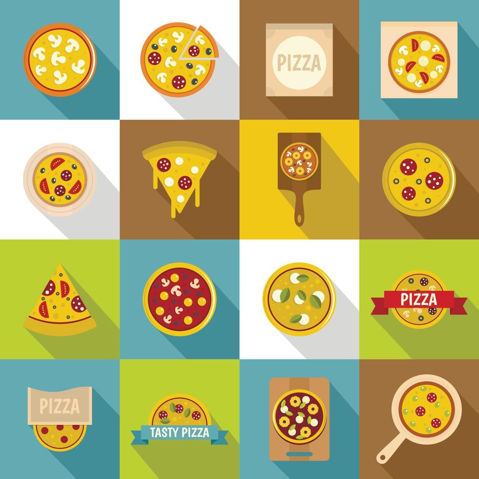 Pizza-Icons setzen Essen, flachen Stil vektor