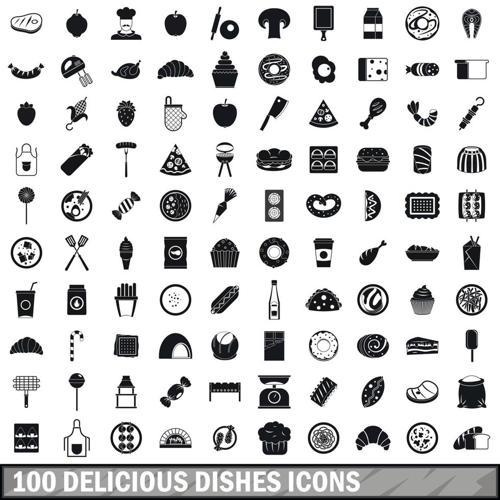 100 köstliche Gerichte Icons Set, einfacher Stil vektor