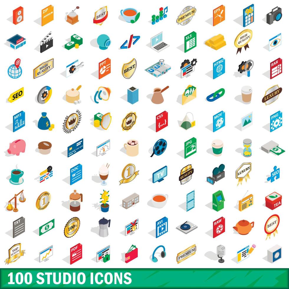 100 Studio-Icons gesetzt, isometrischer 3D-Stil vektor
