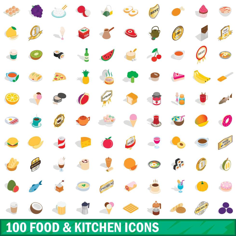100 Lebensmittel- und Küchensymbole, isometrischer 3D-Stil vektor