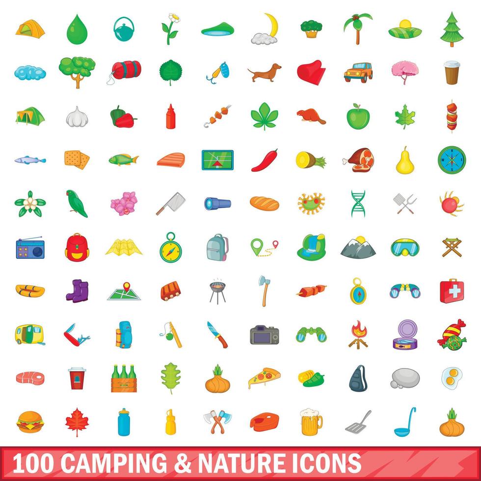 100 Camping- und Natursymbole im Cartoon-Stil vektor