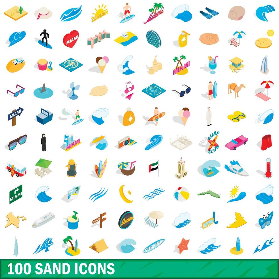 100 sand ikoner set, isometrisk 3d-stil vektor