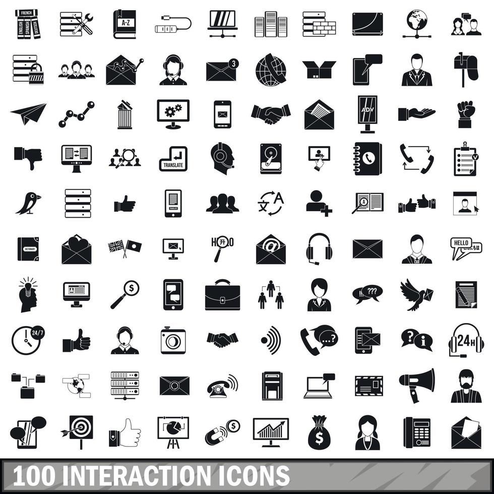 100 Interaktionssymbole gesetzt, einfacher Stil vektor