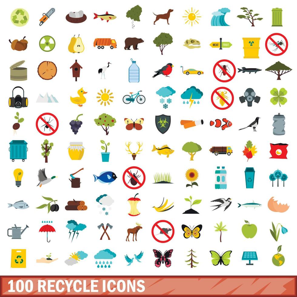 100 Recycling-Icons gesetzt, flacher Stil vektor
