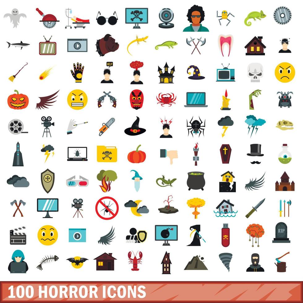 100 Horror-Icons gesetzt, flacher Stil vektor