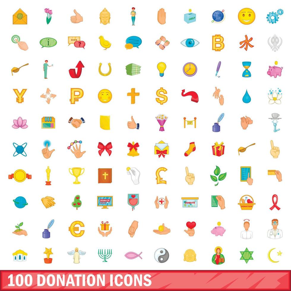 100 Spendensymbole im Cartoon-Stil vektor