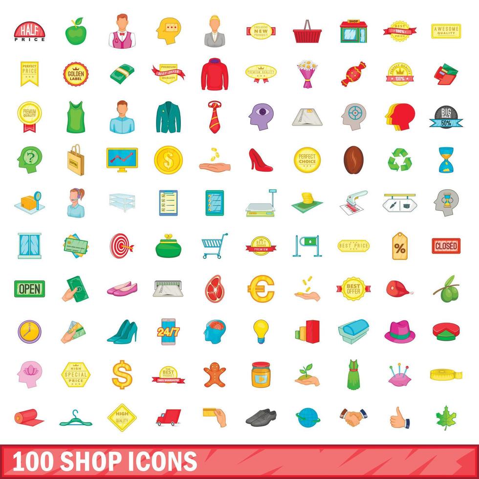 100 Shop-Icons gesetzt, Cartoon-Stil vektor