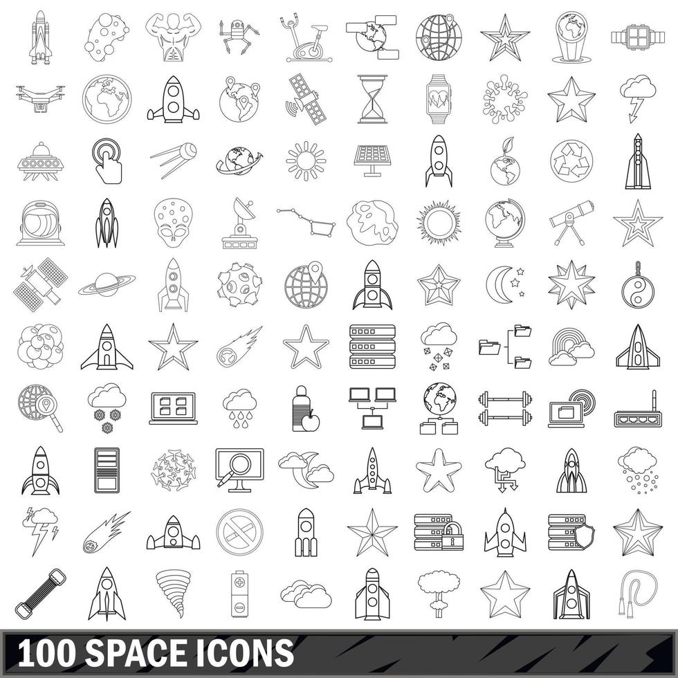 100 Weltraumsymbole gesetzt, Umrissstil vektor