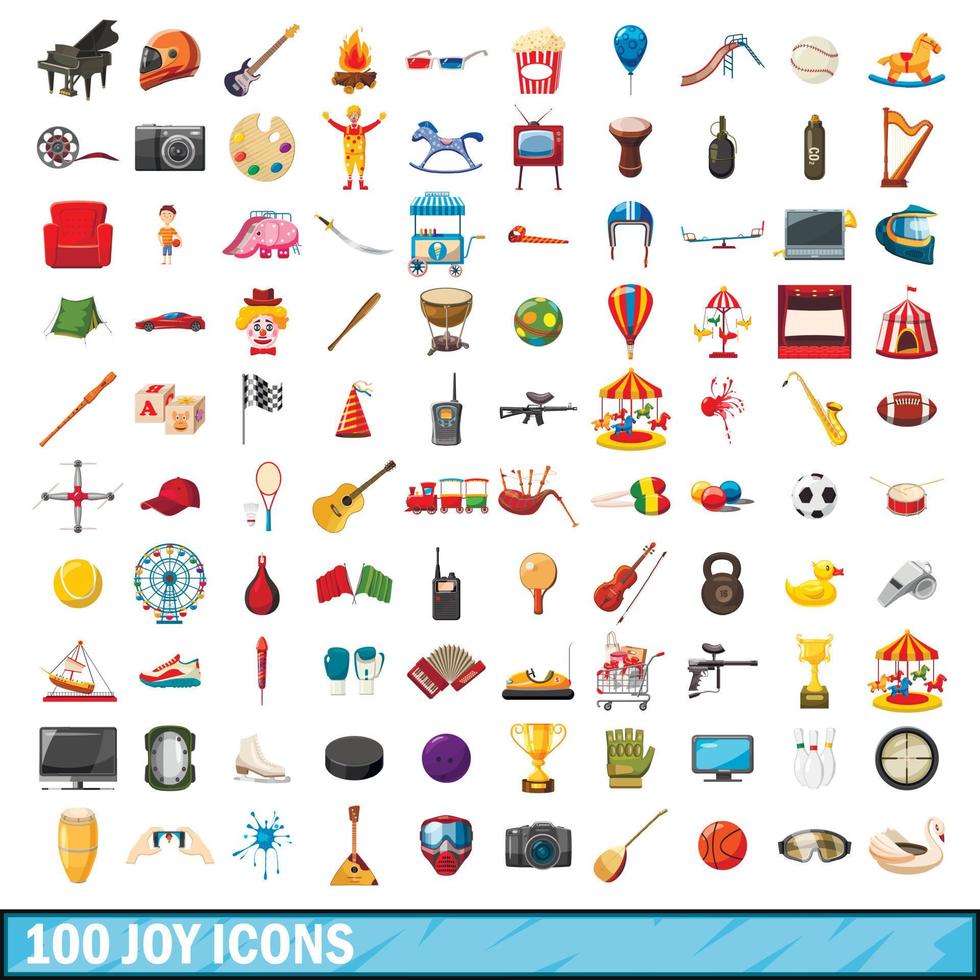 100 glädje ikoner set, tecknad stil vektor