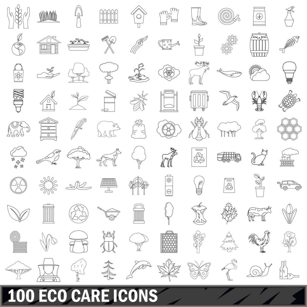 100 eco care ikoner set, kontur stil vektor