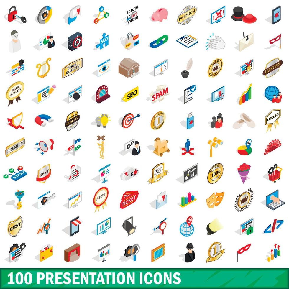100 presentationsikoner set, isometrisk 3d-stil vektor