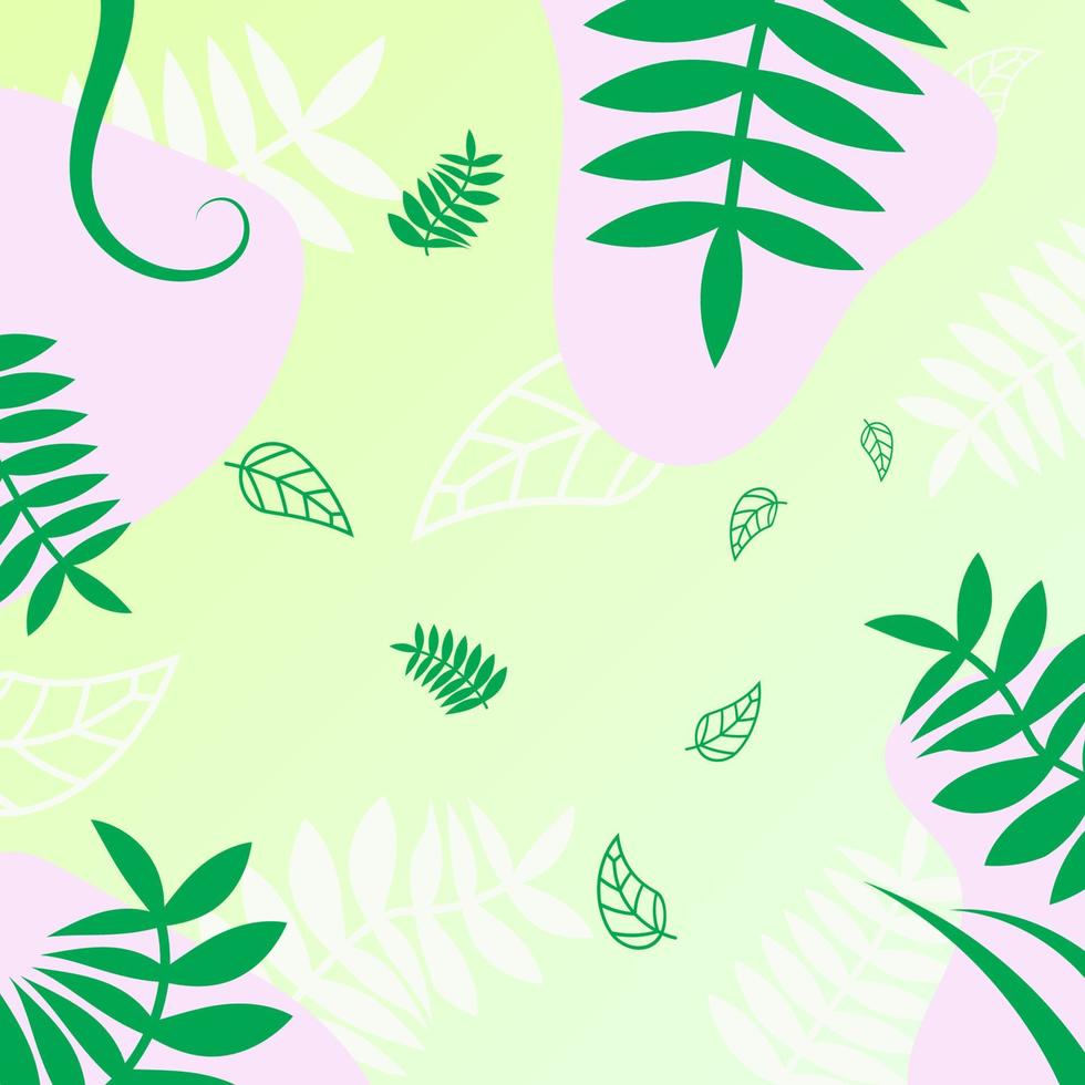 abstrakter naturhintergrund auf grüner farbe. grüne blätter mit rosa organischen formen für banner, poster, flyer, social-media-post oder geschichten, vorlage und cover vektor