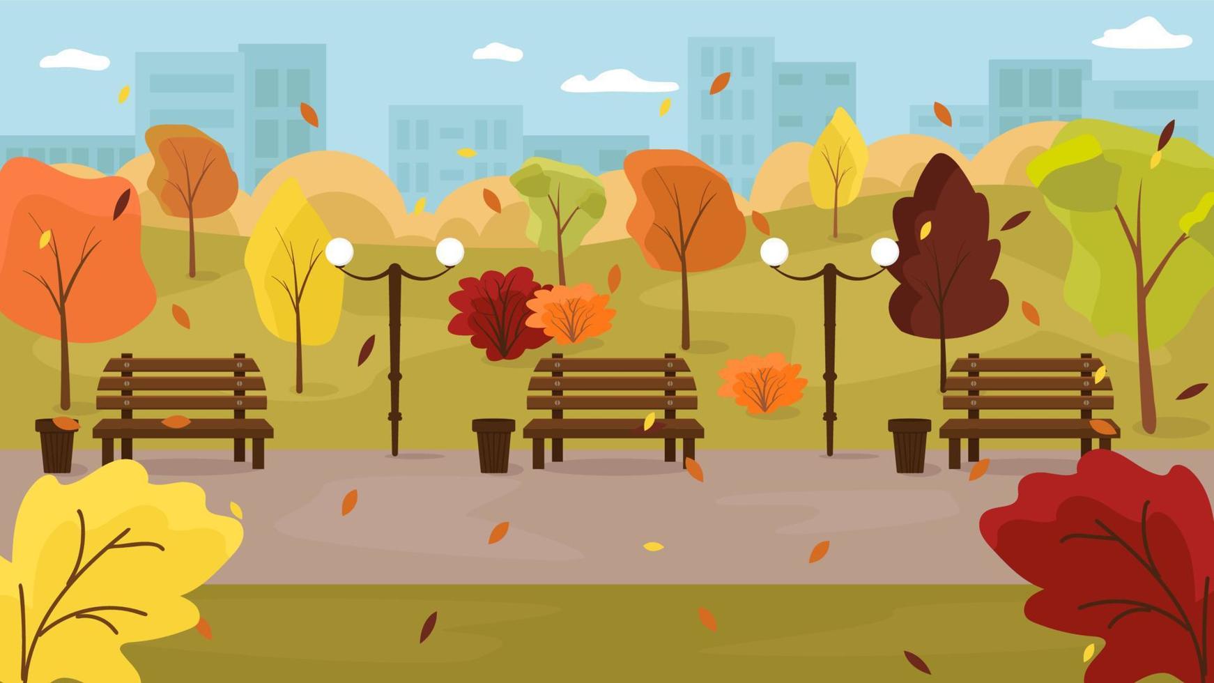 Herbstpark mit Bänken und fallenden bunten Blättern und Gebäuden im Hintergrund. vektor