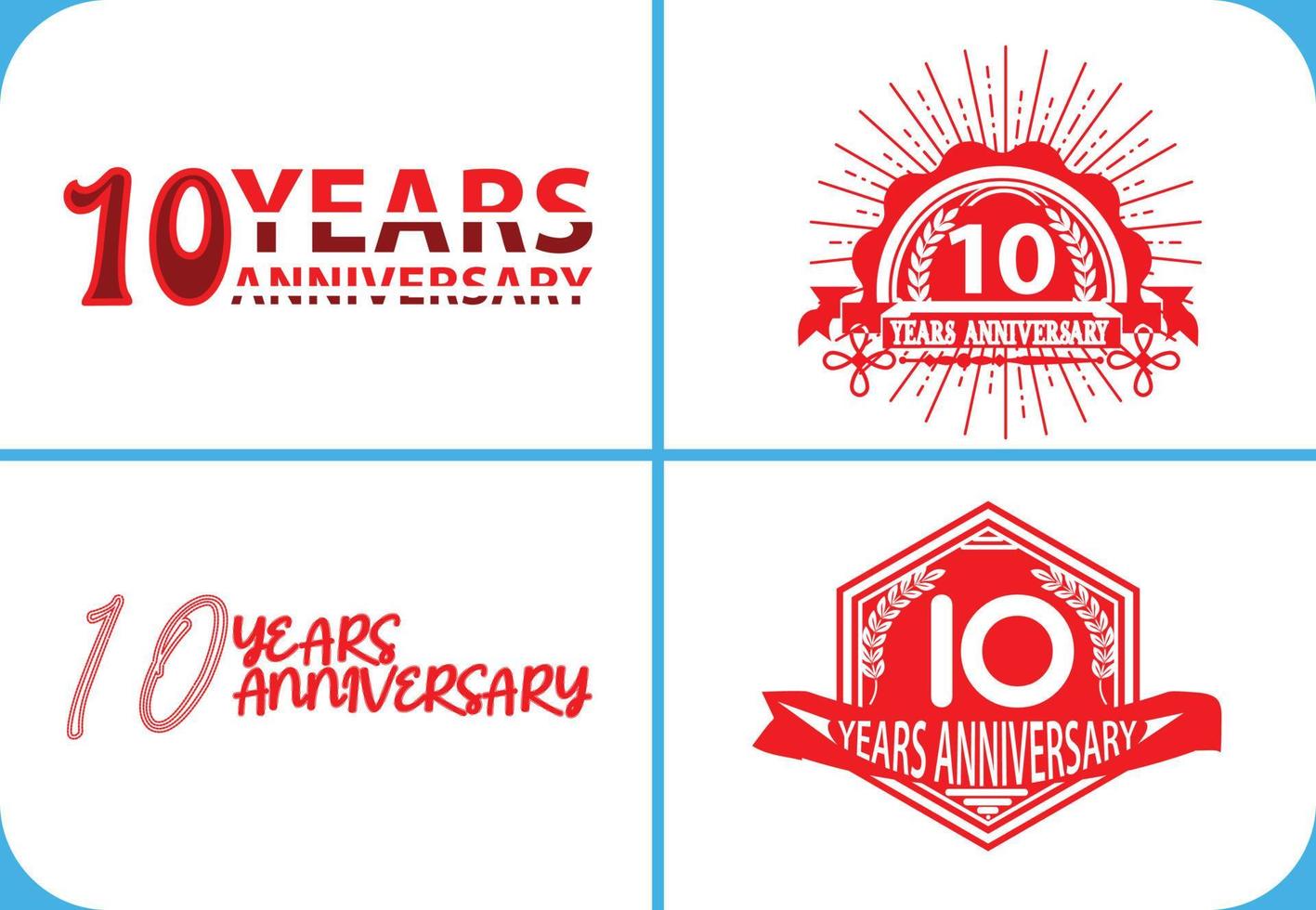 10 års jubileumslogotyp, klistermärke, ikon och t-shirt designmall vektor
