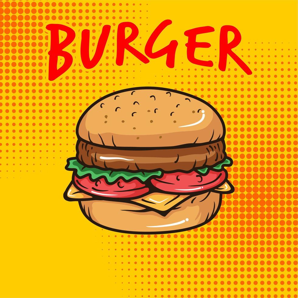 Cartoon leckerer großer Hamburger mit Käse und Sesam isoliert auf gelbem Hintergrund. Vektor-Illustration vektor