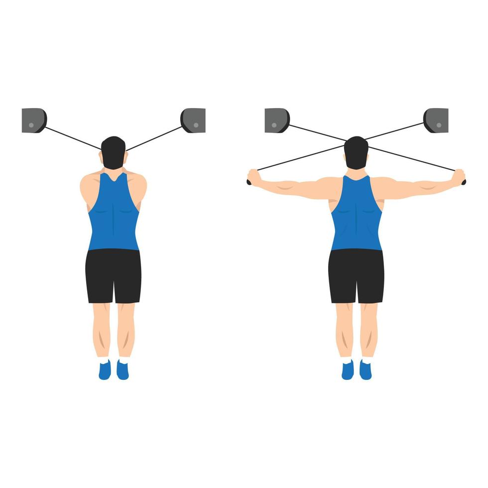 Mann, der High Cable Rear Delt Fly Übung macht. flache vektorillustration lokalisiert auf weißem hintergrund vektor