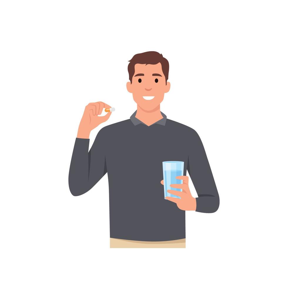 ung man tecknad står och håller ett glas vatten och piller kapsel smärtstillande medel eller vitamin medicin i händerna koncept karaktär. platt vektorillustration isolerad på vit bakgrund vektor