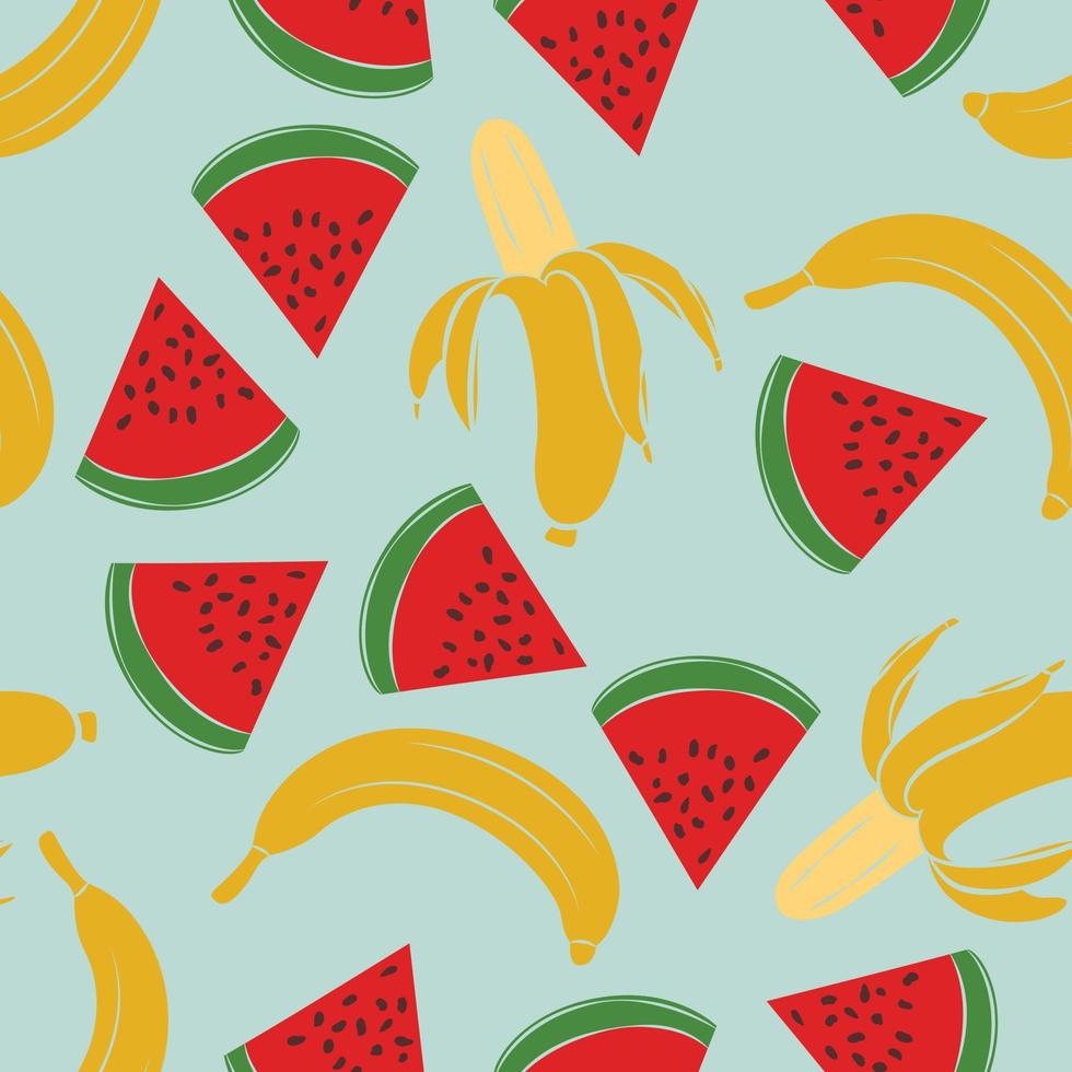 Bananen und Wassermelonen Musterdesign Hintergrund. exotisches Dschungel-Geschenkpapier. schöner Druck mit handgezeichneten exotischen Früchten. sommerdesign für mode, druck, textil und stoff. vektor