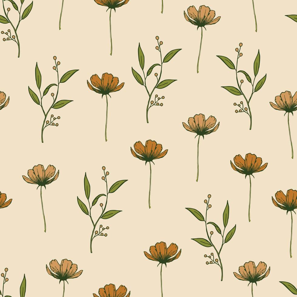 moderne Wildblumen Musterdesign. Nahtloses Muster mit Frühlingsblumen und Blättern. handgezeichneter Hintergrund. Blumenmuster zum Einwickeln von Papier oder Stoff. Botanische Fliese. vektor