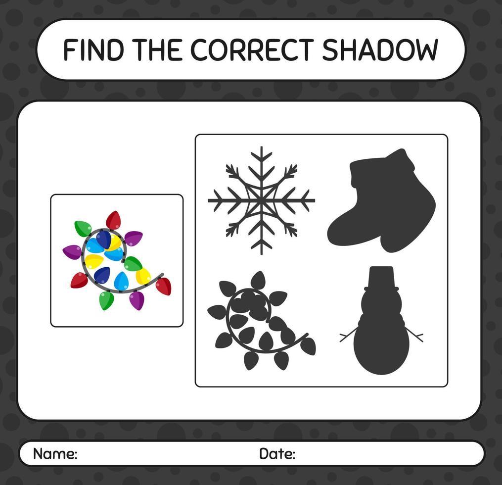 hitta rätt skuggspel med strängljus. arbetsblad för förskolebarn, aktivitetsblad för barn vektor