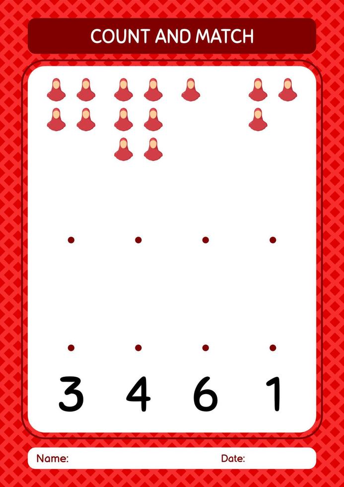 räkna och matcha spel med kvinnlig muslim. arbetsblad för förskolebarn, aktivitetsblad för barn vektor