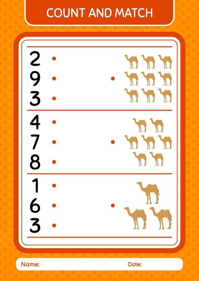 räkna och matcha spel med kamel. arbetsblad för förskolebarn, aktivitetsblad för barn vektor