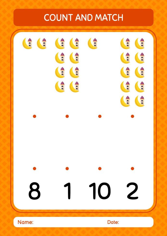 räkna och matcha spel med moskén. arbetsblad för förskolebarn, aktivitetsblad för barn vektor