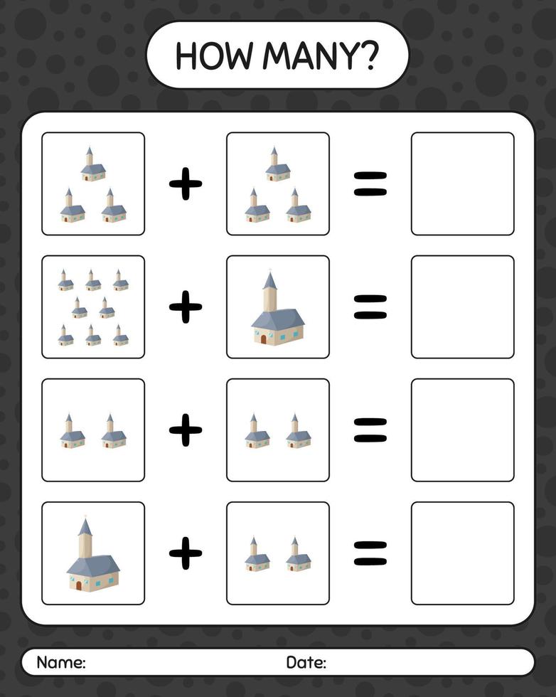 wie viele zählen spiel mit der kirche. arbeitsblatt für vorschulkinder, kinderaktivitätsblatt vektor