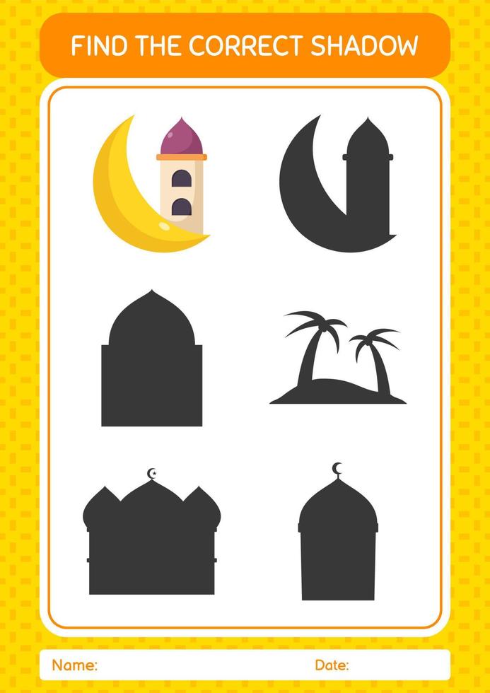 Finden Sie das richtige Schattenspiel mit der Moschee. arbeitsblatt für vorschulkinder, kinderaktivitätsblatt vektor