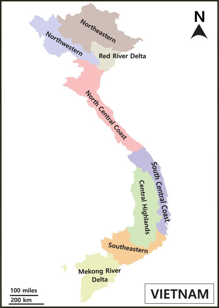 Die Karte von Vietnam umfasst Regionen, das Mekong-Einzugsgebiet, den Tonle-Saft-See und die Grenzländer Thailand, Kambodscha, Südchinesisches Meer und Laos vektor