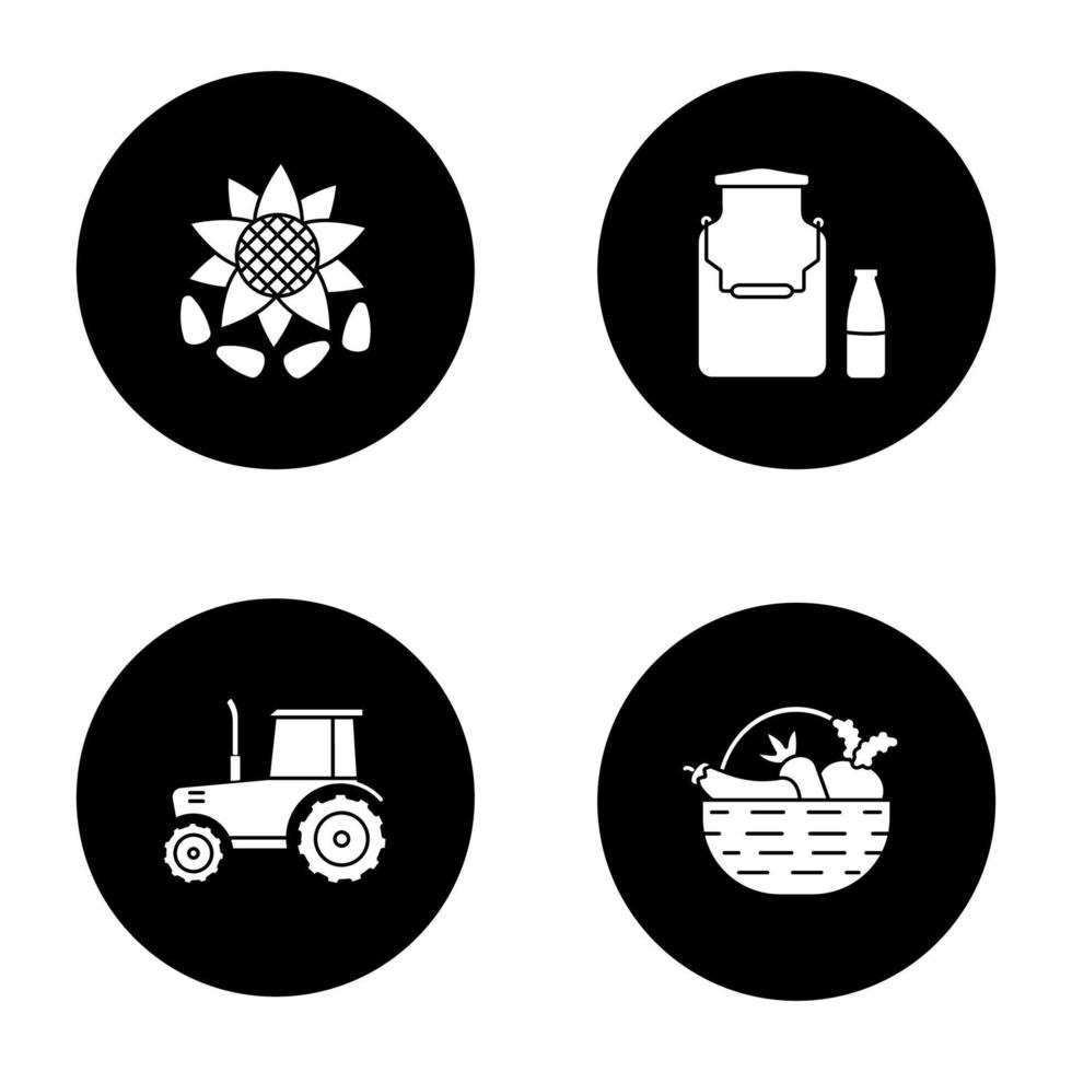 Glyphensymbole für die Landwirtschaft festgelegt. Landwirtschaft. Milchkanne und Flasche, Traktor, Sonnenblumenkopf mit Samen, Gemüse im Korb. Vektor weiße Silhouetten Illustrationen in schwarzen Kreisen