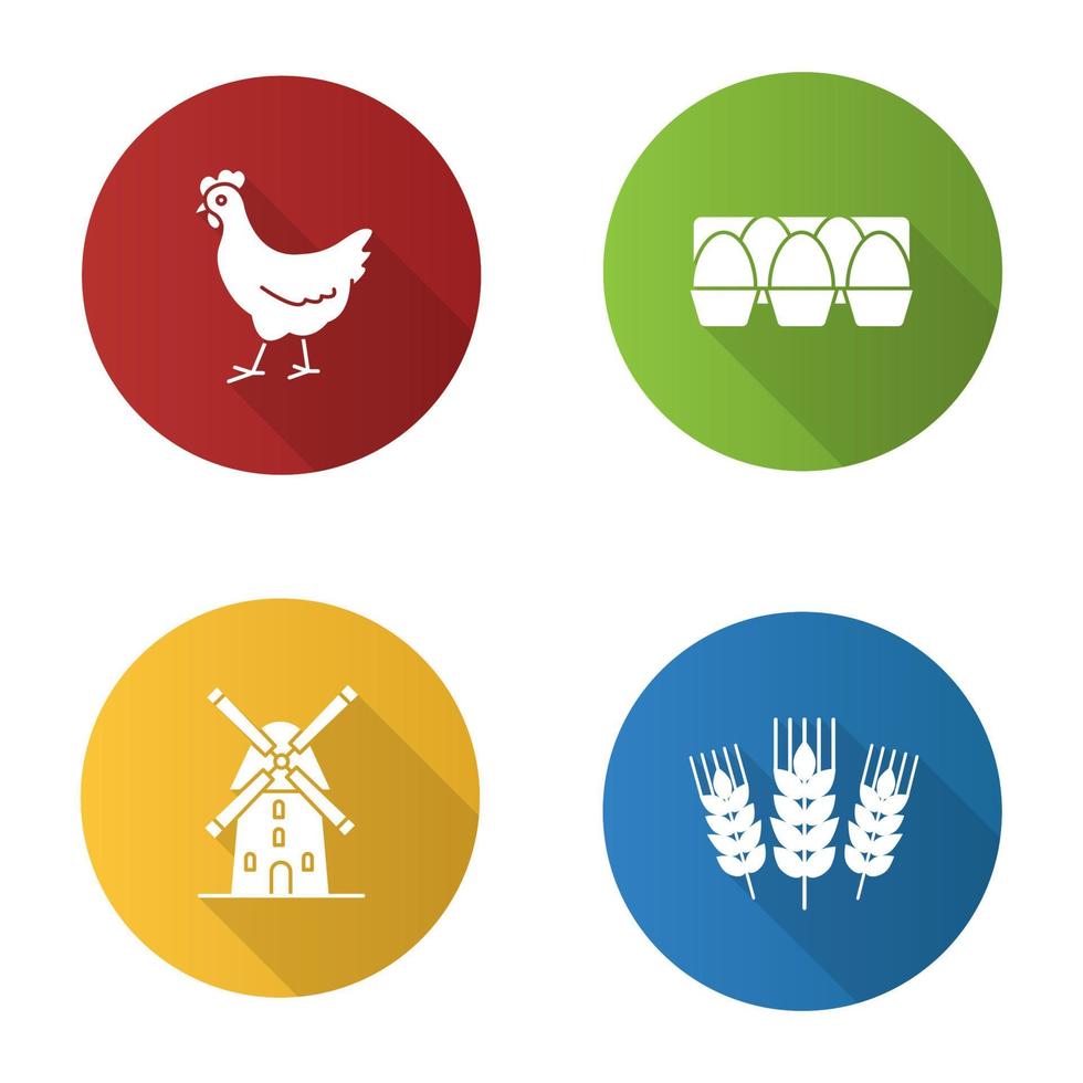 Landwirtschaft flaches Design lange Schatten-Glyphen-Symbole gesetzt. Landwirtschaft. Huhn, Eierablage, Windmühle, Ähren. Vektor-Silhouette-Illustration vektor