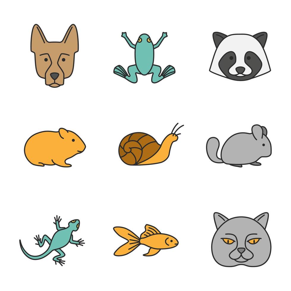 husdjur färg ikoner set. schäfer, groda, tvättbjörn, hamster, snigel, chinchilla, groda, ödla, guldfisk, brittisk katt. isolerade vektorillustrationer vektor